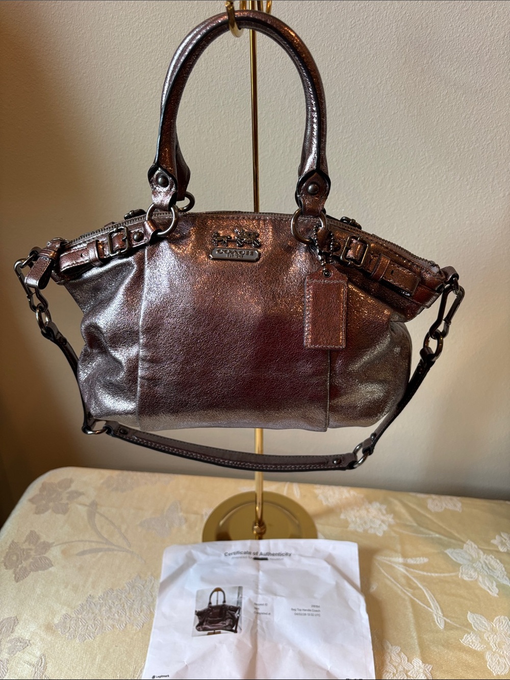 Coach Metallic Bronze Leather Satchel with Dual Handles with COA